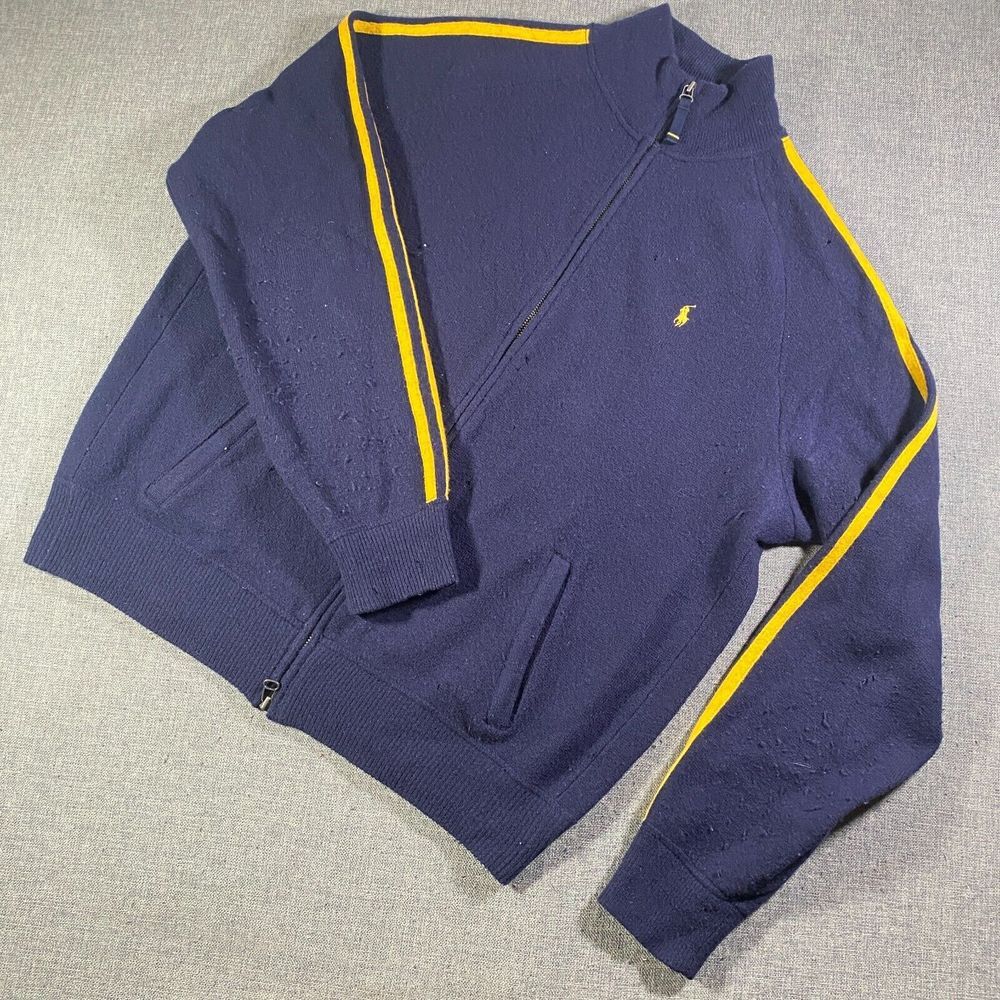Polo Ralph Lauren Lambswool Full‎ Zip Sweater Mens Size XL Blue Striped